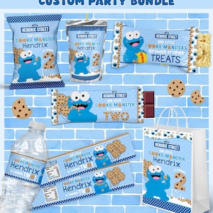 May include: A custom party bundle featuring Cookie Monster-themed items. Includes snack bags, drink pouches, treat wrappers, water bottle labels, and a gift bag. The design is blue with Cookie Monster graphics and the text "Hendrix is turning two."