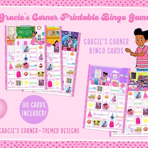 Könnte beinhalten: Ein druckbares Bingospiel mit 30 Karten in 5 verschiedenen Designs. Die Karten zeigen Bilder aus der Kindersendung "Gracie's Corner". Der Text "Gracie's Corner Bingo Cards" ist auf dem Bild zu sehen.