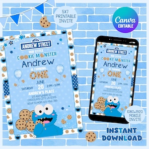 May include: A light blue invitation with a Cookie Monster theme, featuring the text "Andrew is turning one" and event details. The design includes cookie illustrations and is available as a 5x7 printable invite and a mobile invite.