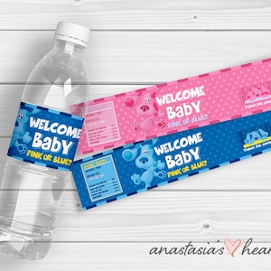 DIGITAL FILES: Gender Reveal, Blue&#39;s Clues Water Bottle Labels, Blue & Magenta, Gender Reveal Water Bottle Labels, Blue&#39;s Clues, Water Label