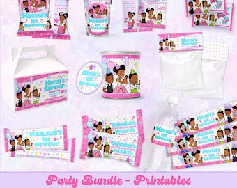 May include: A collection of pink and blue birthday party printables featuring illustrations of three children in party hats. Items include chip bag wrappers, juice pouch labels, treat bag toppers, a gable box, and water bottle labels with the text Kensi's 1st Birthday.