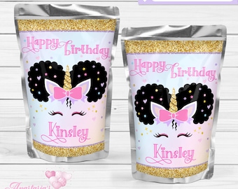 May include: Two silver pouches with a unicorn design for a birthday. The design includes a unicorn face with black curly hair, a pink bow, and the text "Happy Birthday" and "Kinsley". The top and bottom of the pouches have a gold glitter design. The text "DIGITAL FILE" is at the top.