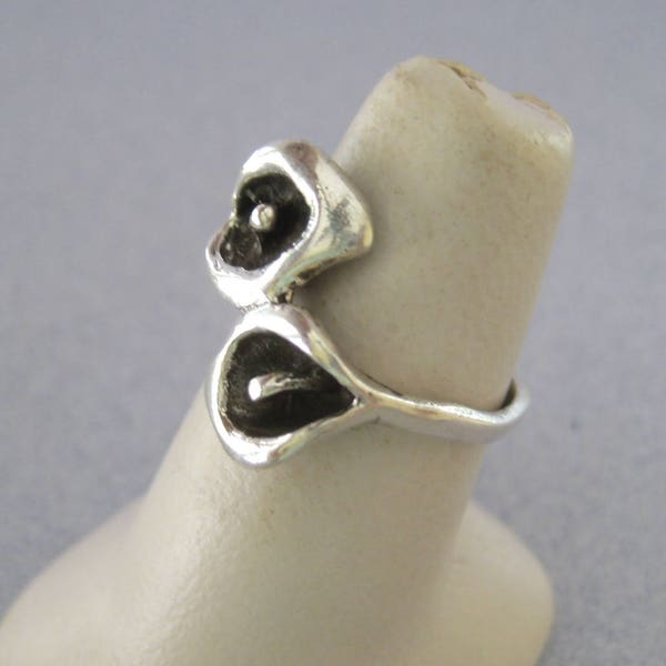 Double Calla Lily Flower RING Mexican 925 Sterling Silver Taxco Shiny Oxidized Size to Choose