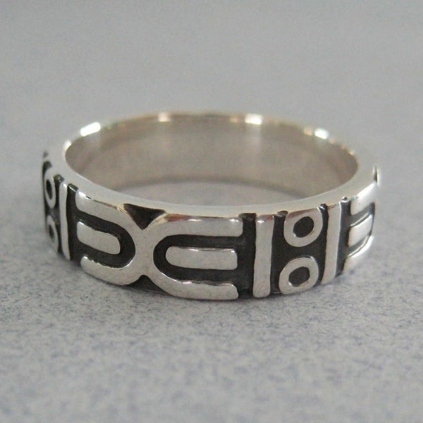 Mexican 925 Sterling Silver Taxco Oxidized Etched Aztec Mayan Design Unisex Ring Band Sizes Any Finger