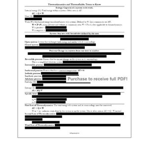 May include: A white page with black text detailing thermodynamics and thermofluids terms. Equations and definitions are listed, including internal energy, heat, and work. The text "Purchase to receive full PDF!" is visible.
