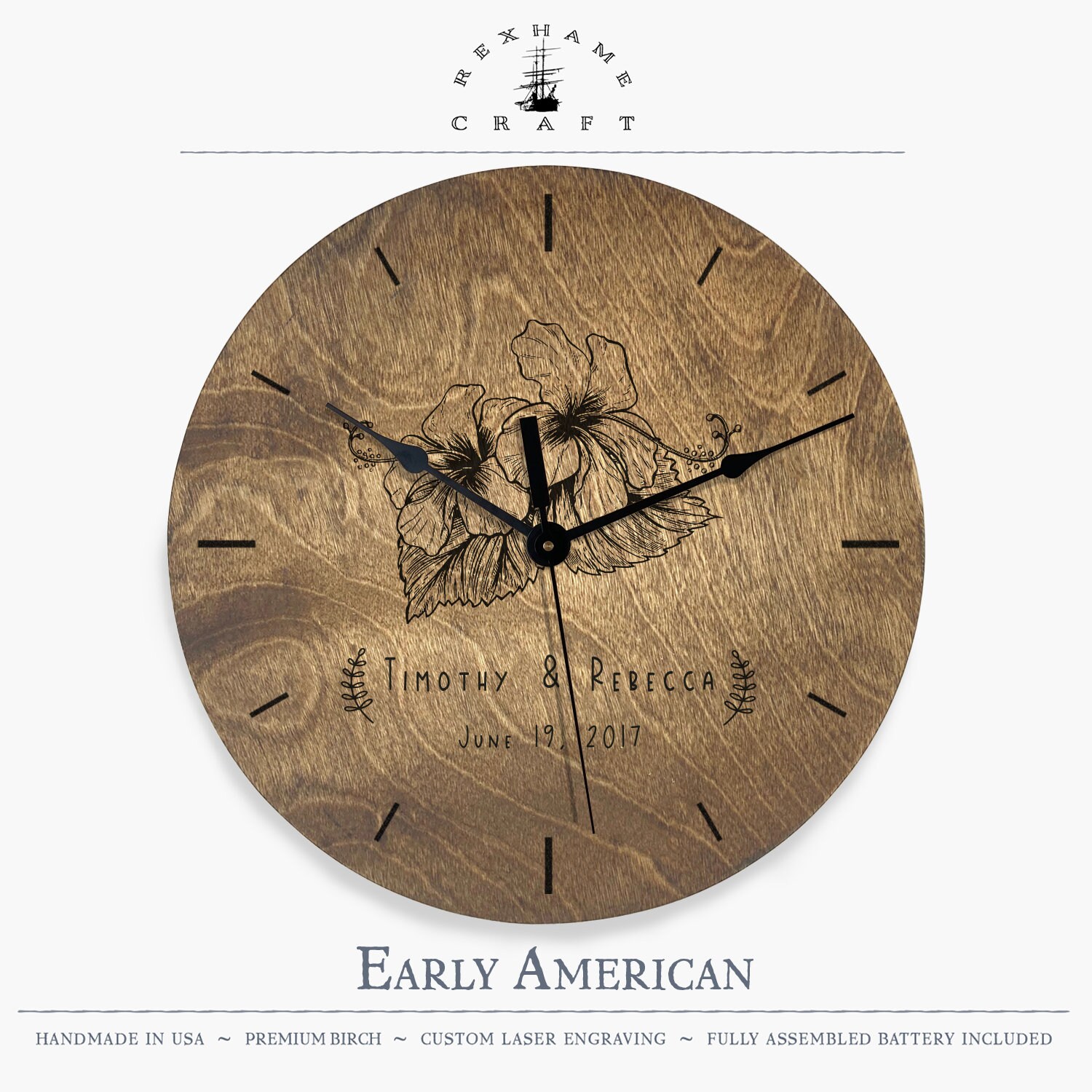 Flower Wood Wall Clock Custom Floral Clock Laser Engraved Etsy