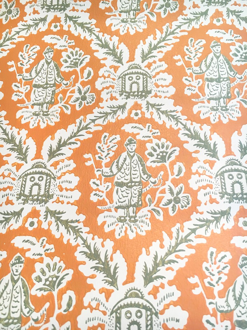 Motif Vintage Wallpaper Oriental Chinoiserie Orange Tan Olive image 5