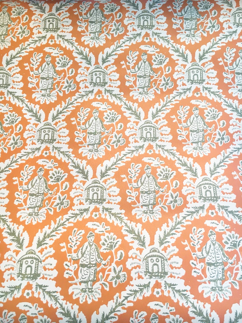 Motif Vintage Wallpaper Oriental Chinoiserie Orange Tan Olive image 1