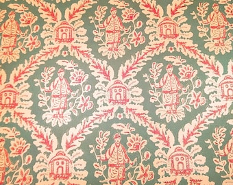 May include: A repeating pattern wallpaper with a teal background and red and white floral designs. The pattern features small houses, stylized figures, and floral motifs.