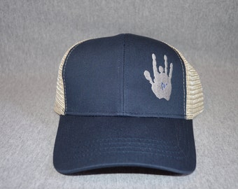 Grateful Dead -- Jerry Garcia Hand Print  in Chrome on a Pacific Blue color Trucker Hat -- Free Shipping---