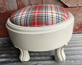 Vintage Round Foot Stool Solid Wood Antique Ivory Paint Plaid Fabric Red Green Ottoman Furniture