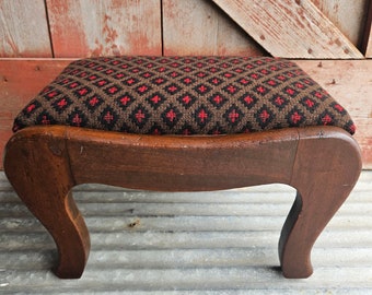 Vintage Foot Stool Rectangle Solid Wood Walnut Stain Wool Upholstery Curved Legs Antique