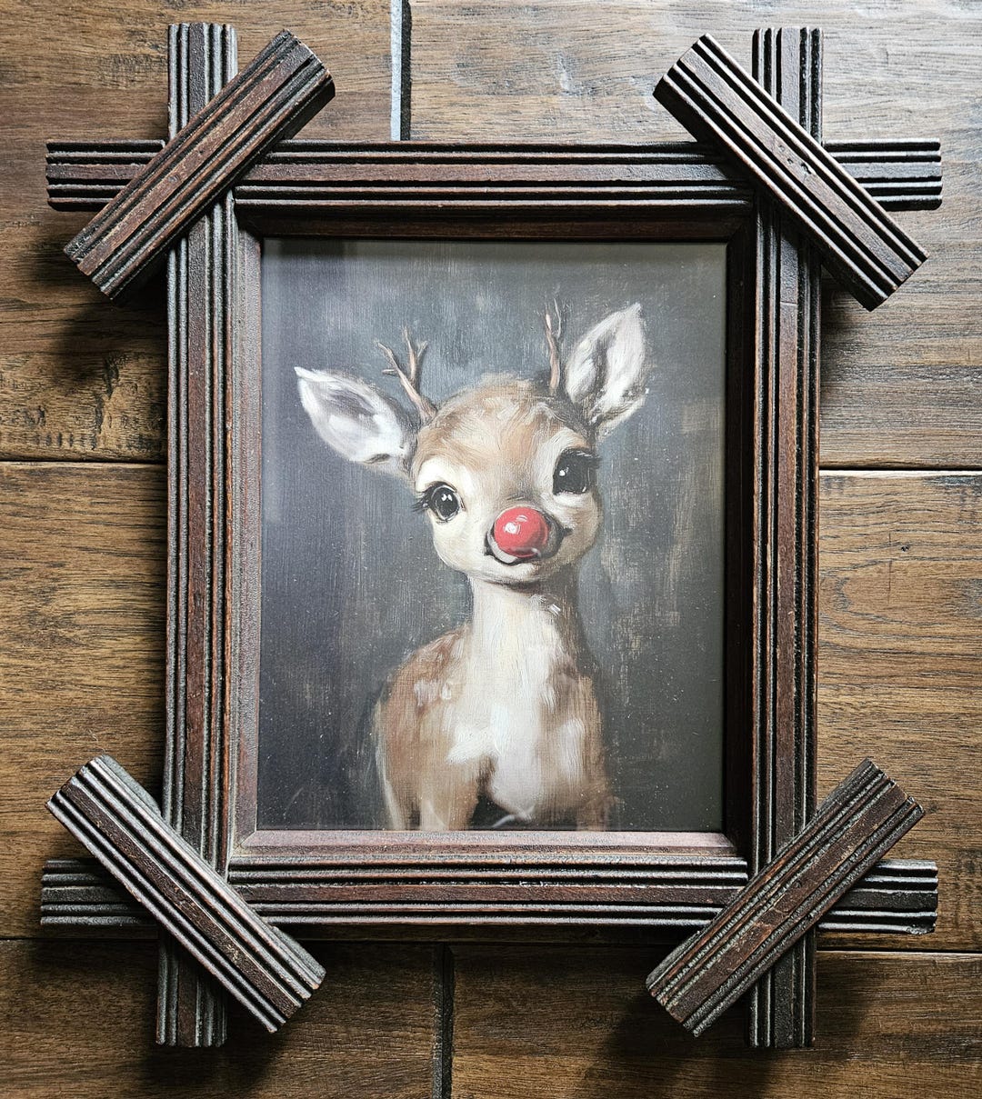 Antique Black Forest Mission Frame Rudolph Reindeer Print Cabin Lodge ...