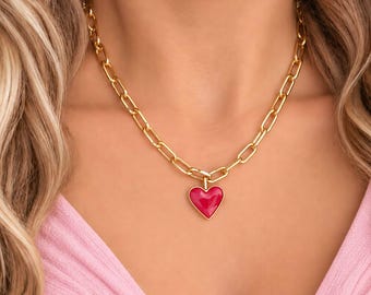 Red Enamel heart Thick Paperclip Gold Metallic Links Plated Valentines Galantines