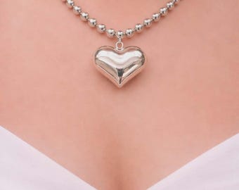 Oversized Large Silver Heart Pendant Necklace Bubble Balloon Ball Beaded Metallic