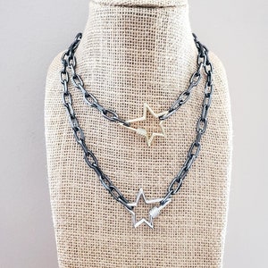 Star Lock Carabiner Paperclip Chain Necklace Linked Mixed Metal Gold Gunmetal