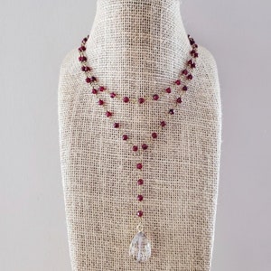 Dark Red Stone Burgundy Rosary Beaded Chain Necklace Drop Charm Crystal