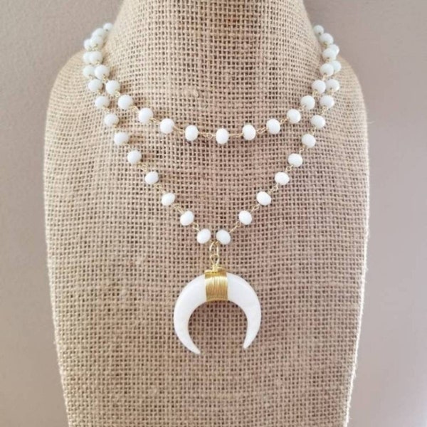 Boho Chich Western Horn Pendant Necklace Beaded Crystal Stone White Gold Chain Gifts For Her