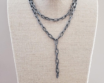 Gunmetal Lariat Chain Necklace Paperclip Paper Clip Thick Linked Womens Hardware Chain Lariats