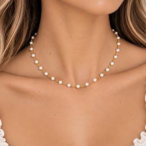 White Stone Rosary Choker Chain Necklace Layering Dainty Delicate