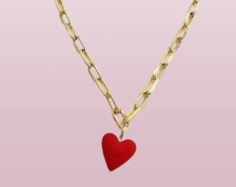 Red Enamel Heart Pendant Necklace Gold Thick Linked Chain Valentines Day