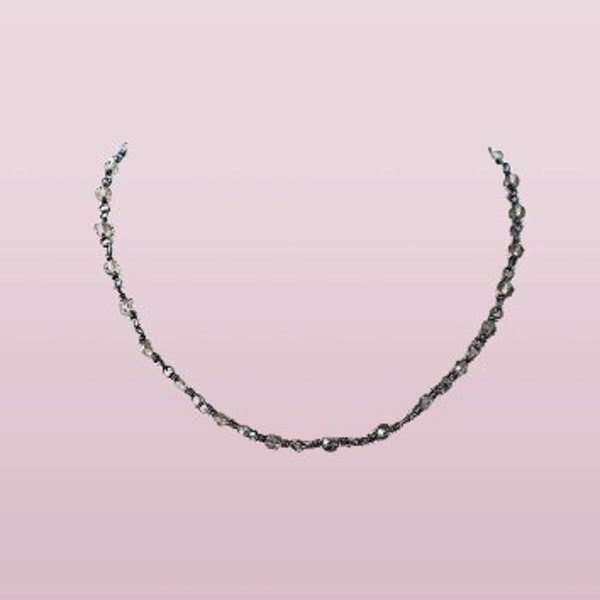 Gray Crystal Chain Necklace Small Tiny Bead Gunmetal Pewter Plated Choker Gift For Her