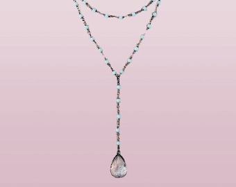 Clear Glass Tear Drop Pendant Charm Long Layering Blue Beaded Rosary Chain Lariat