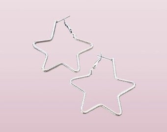 Silver Star Textured Pattern Hoops Big Star Shape Hoop Celestial Gift For Her