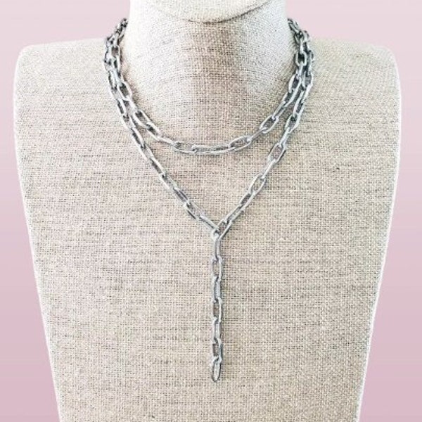 Paperclip Chain Lariat Necklace Hardware Chains Layering Silver Paper Clip