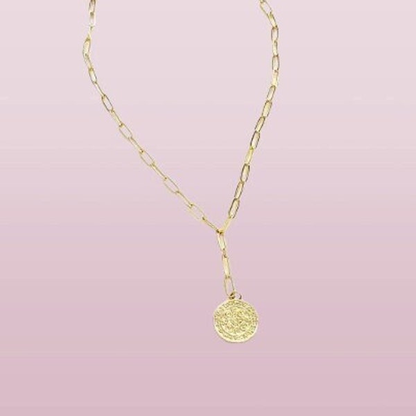 Gold Coin Charm Lariat Plated Paperclip Chain Linked Paper Clips Linking 18K Gold Plated