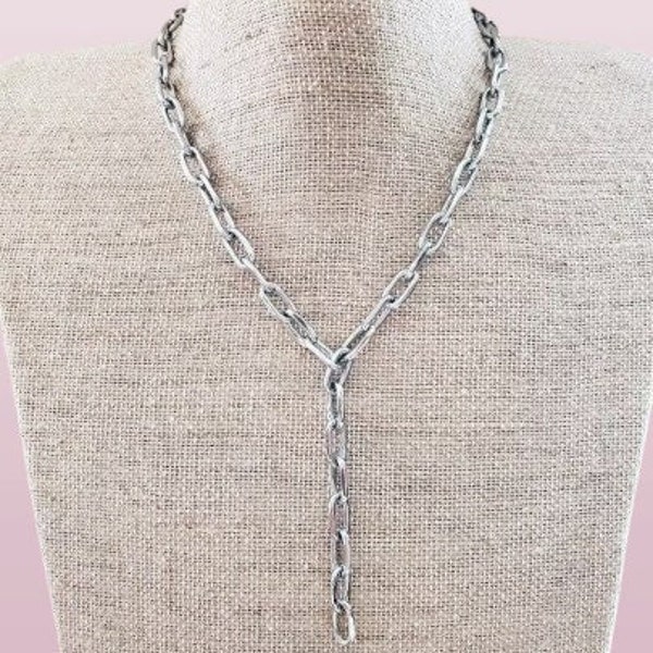 Silver Linked Paperclip Chain Lariat Necklace Paper Clip Silver Gift For Her