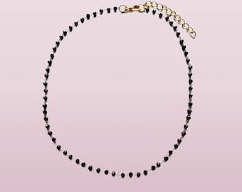 Tiny Black Bead Linked Choker Necklace Girls Jewelry Dark Agate Stone Minimal Layered Strand