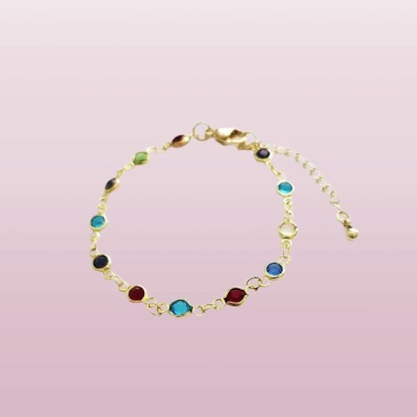 Rainbow Stone Crystal Bezel Gold Plated Chain Bracelet Anklet Birthstones Crystals Gift For Her