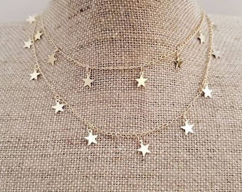 Gold Stars Layering Double Layer Choker Chain Silver, Gunmetal, Gold Trendy Chokers