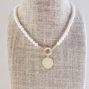 Gold Coin & White Pearl Beaded Necklace: 18K Gold Plated Choker
