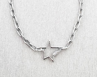 Stainless Steel Paperclip Chain Necklace: Star Carabiner Pendant