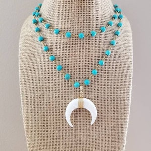 Handmade Turquoise Howlite Beaded Necklace: White Crescent Horn, Gold Double Layer