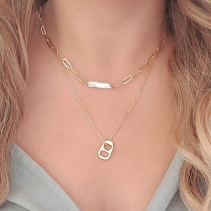 Pearl Stick Charm  Necklace Paperclip Chain Gold Long Freshwater Mother Pearls Shell