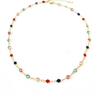 Rainbow Bezel Necklace Silver Plated Dainty Crystal Colorful Stone Glass Chain Gift For Her