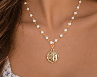 Handmade Cross Coin Pendant Necklace: Crystal Rosary Chain
