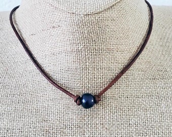 Black Freshwater Pearl Knotted Leather Cord Necklace Peacock Pearls