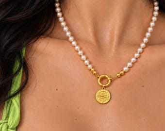Gold Coin & White Pearl Beaded Necklace: 18K Gold Plated Choker