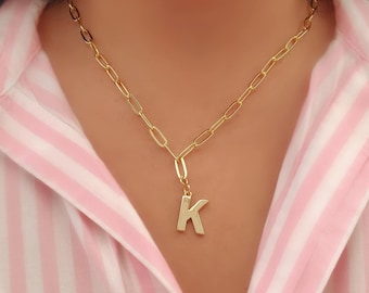 Gold Plated Initial Necklace: Paperclip Chain Pendant