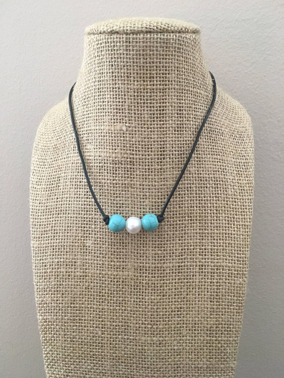 Turquoise Bead Freshwater Pearl Leather Choker VSCO Girl Pearl