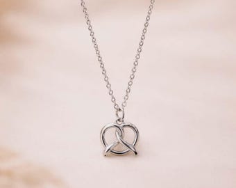 Silver Pretzel Charm Necklace, Funny Food Jewelry Gift
