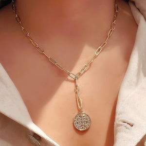 Antique Rome Cross Coin lariat Gold Paperclip Links Y Necklace Minimal Coins