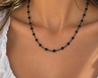 Black Rosary Crystal Bead Choker: Gunmetal Chain Necklace 4mm