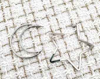Moon Star Hoops Mismatch Earrings Silver Plated Crescent Celestial