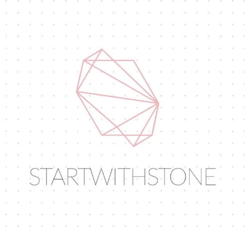 May include: A light pink geometric line art illustration of a faceted stone shape centered above the text STARTWITHSTONE in a thin, sans-serif font, all set against a white background featuring a subtle, light gray grid of evenly spaced dots.