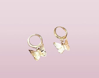 Gold Butterfly Charm Hoop Earrings Huggie Gift For Her Girls Jewelry